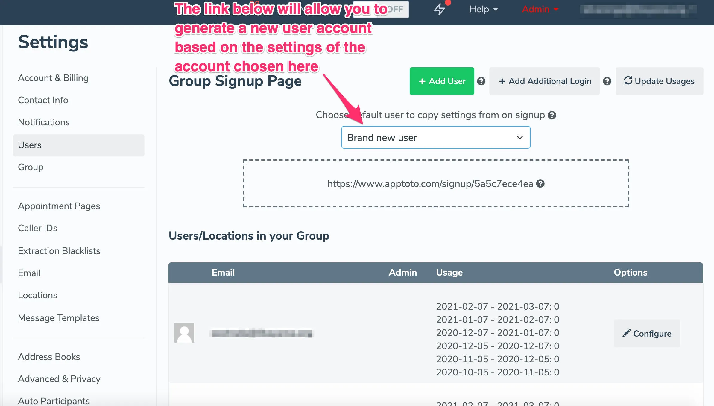 The Apptoto account admin for a group account can add users and make changes via the Settings > Users tab.