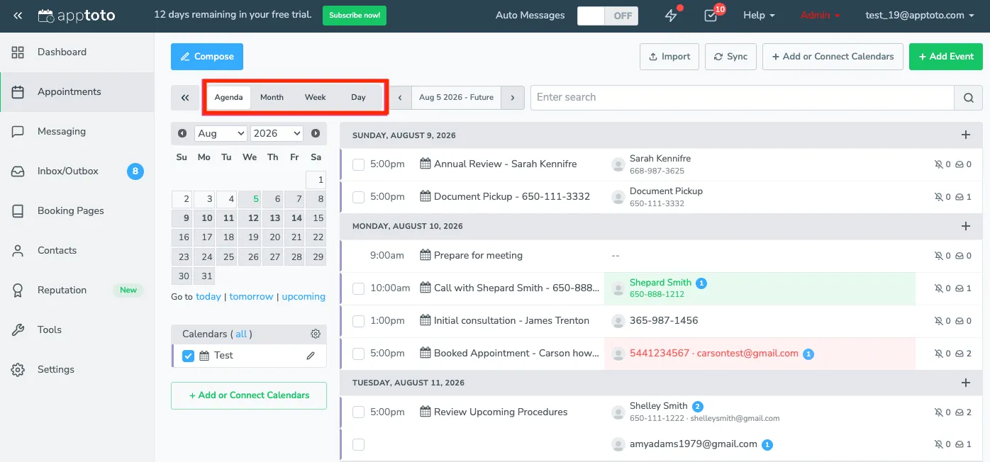 Switch between viewing your agenda, or upcoming month, day or week on the appointment tab