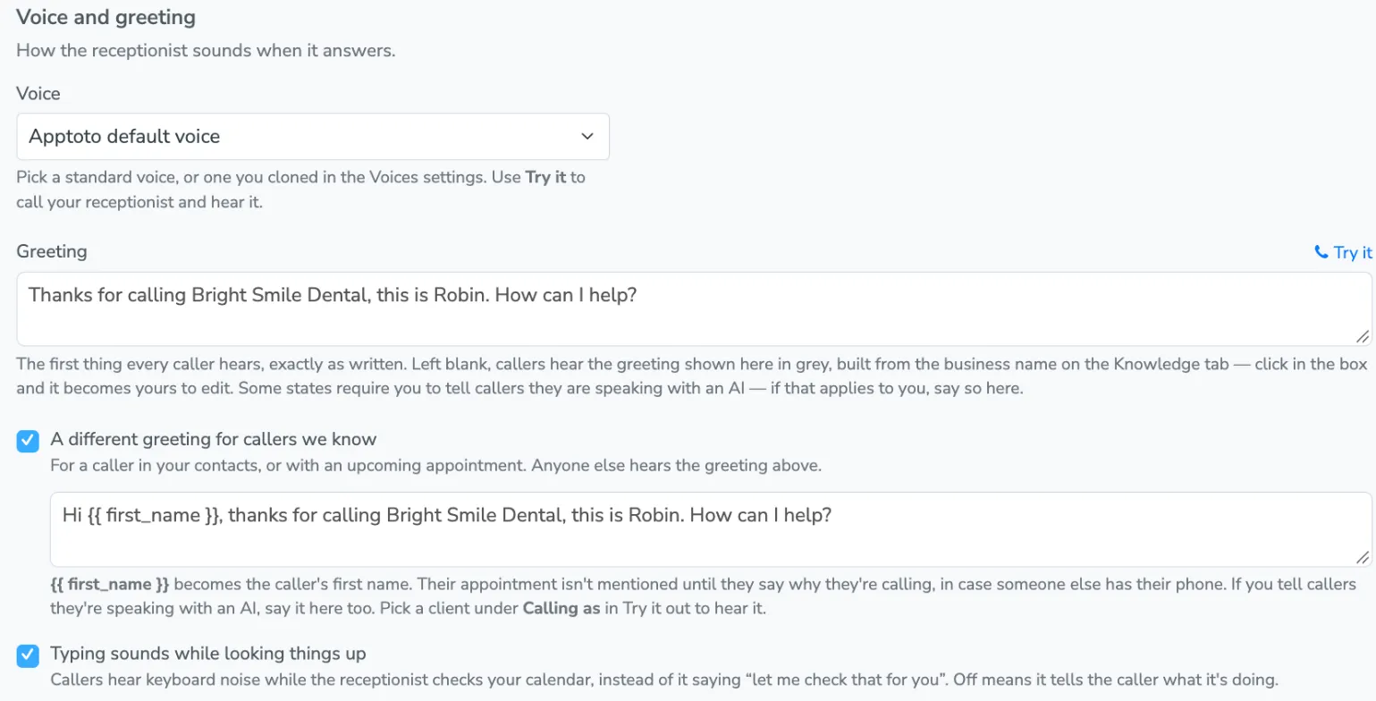 The Voice tab, with a voice dropdown, a written greeting, a separate greeting for callers we know, and the typing sounds option