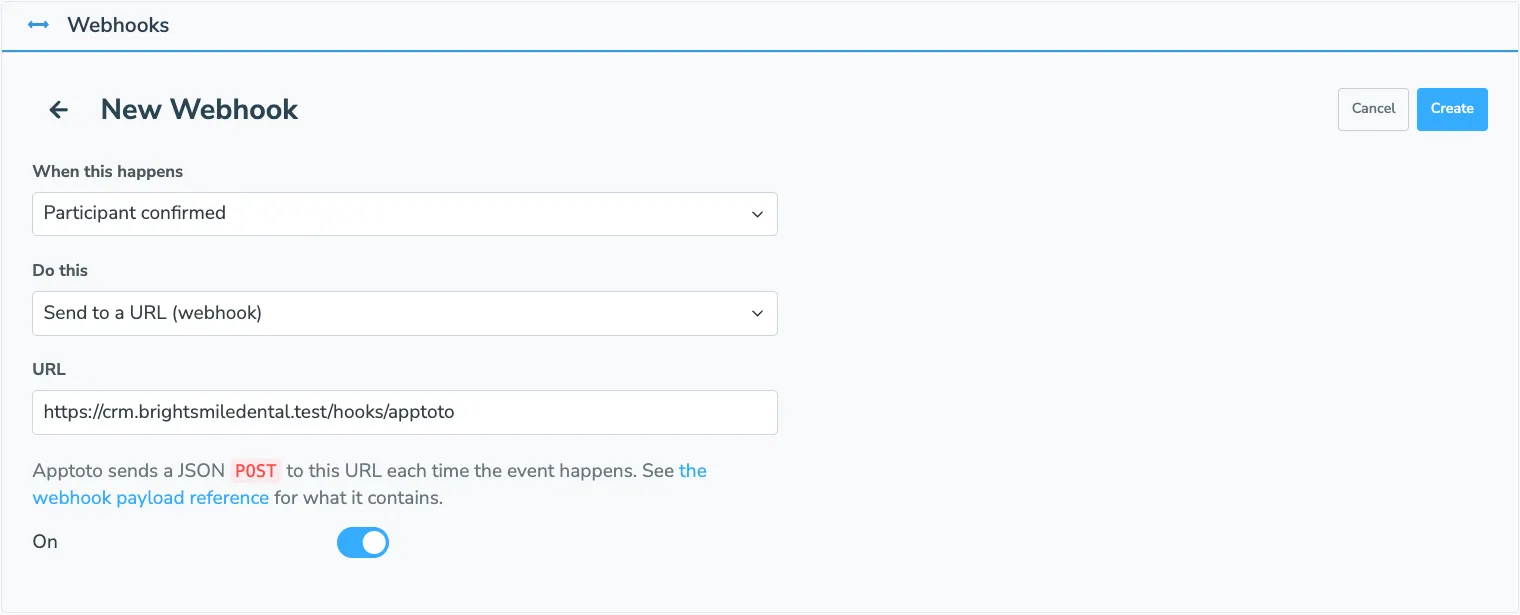 Choose the event and enter the URL for the webhook