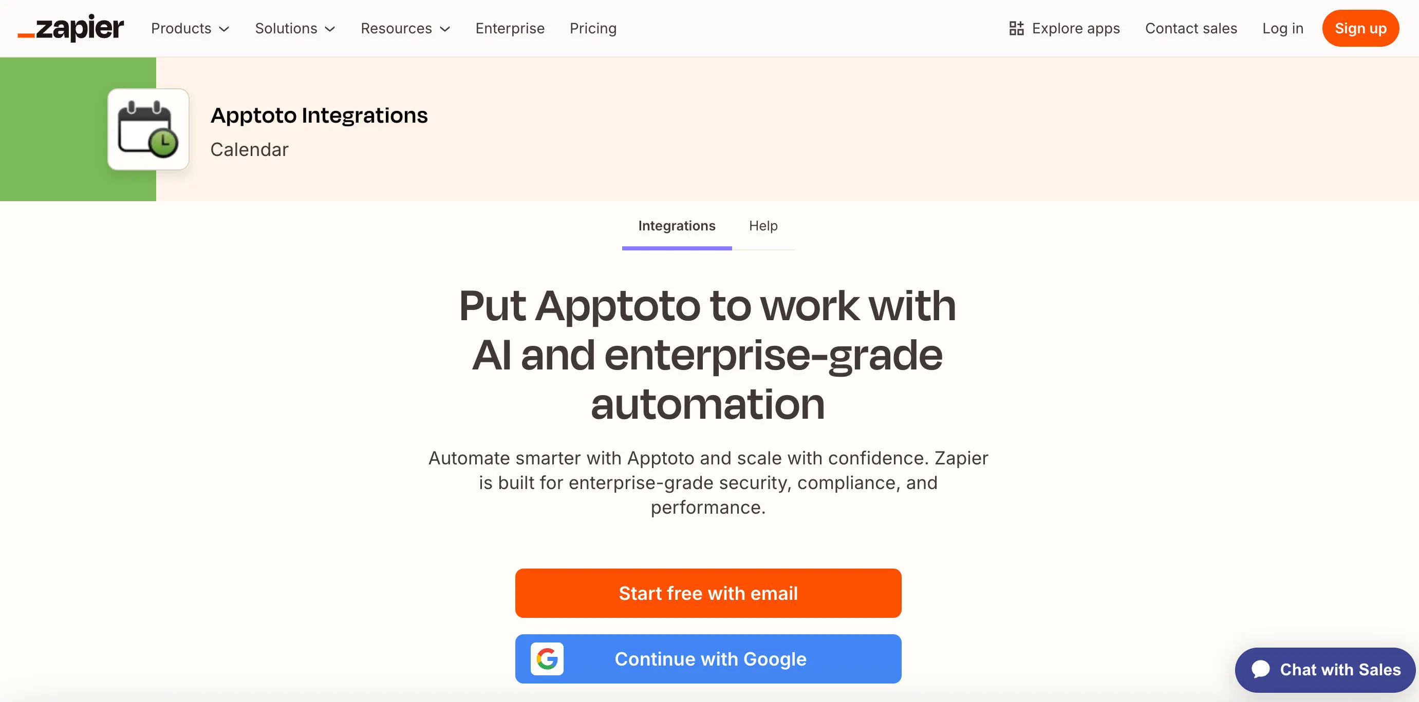 Zapier Apptoto integration screen where you can log in or sign up for a Zapier account