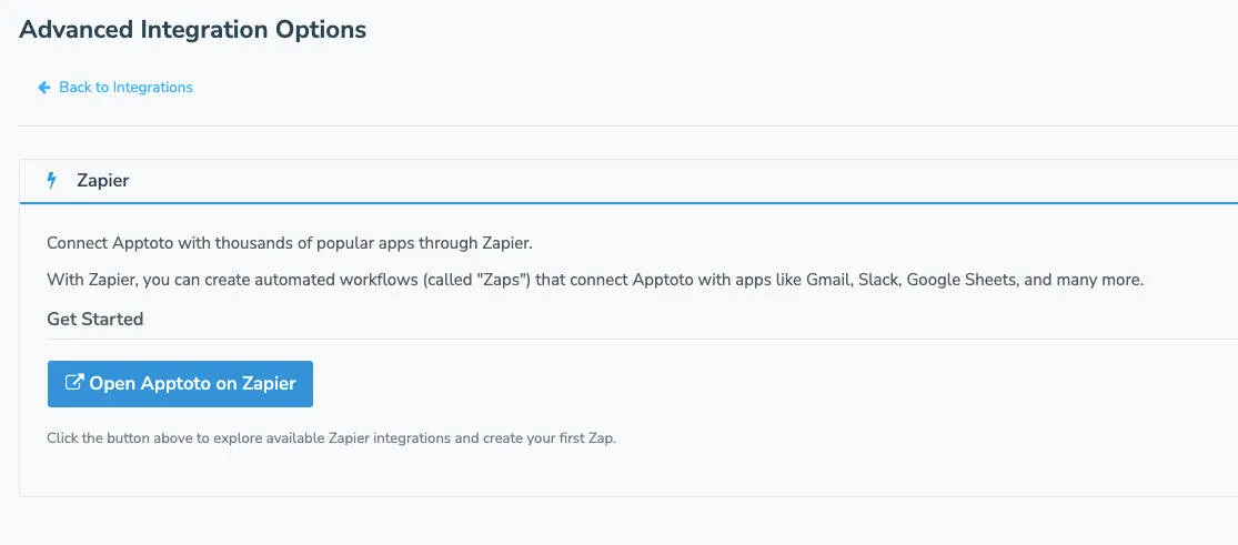 Apptoto Zapier integration setup step "open Apptoto on Zapier"